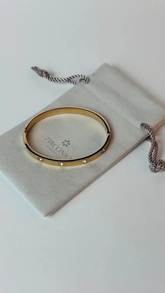 Zircon Studded Stainless Steel Gold Plated Bangle Bracelet - Yellow Gold