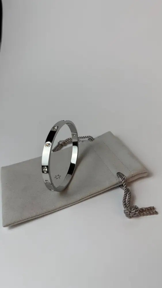 Zircon Studded Stainless Steel Silver Plated Bangle Bracelet - Silver