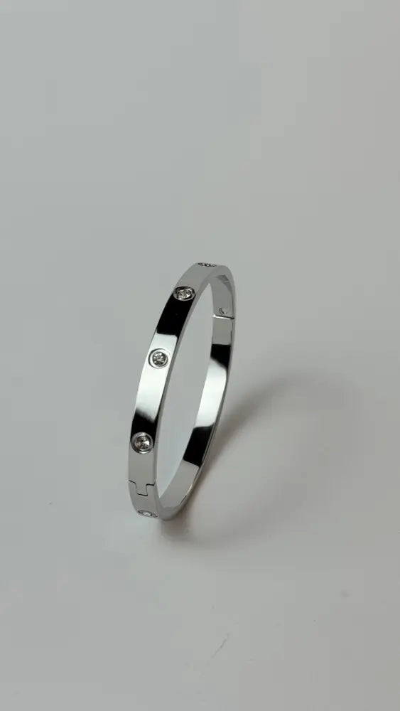 Zircon Studded Stainless Steel Silver Plated Bangle Bracelet - Silver