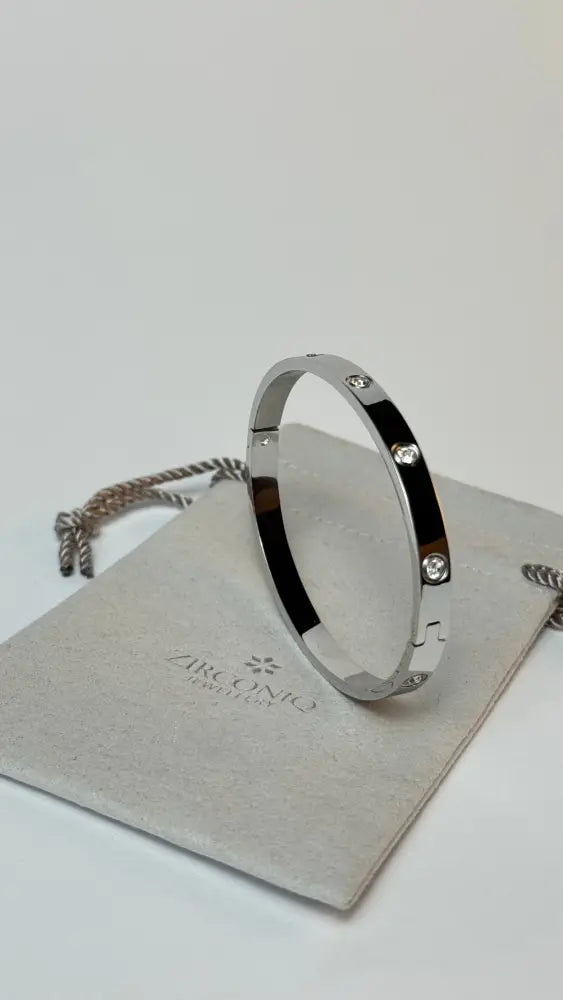 Zircon Studded Stainless Steel Silver Plated Bangle Bracelet - Silver - B